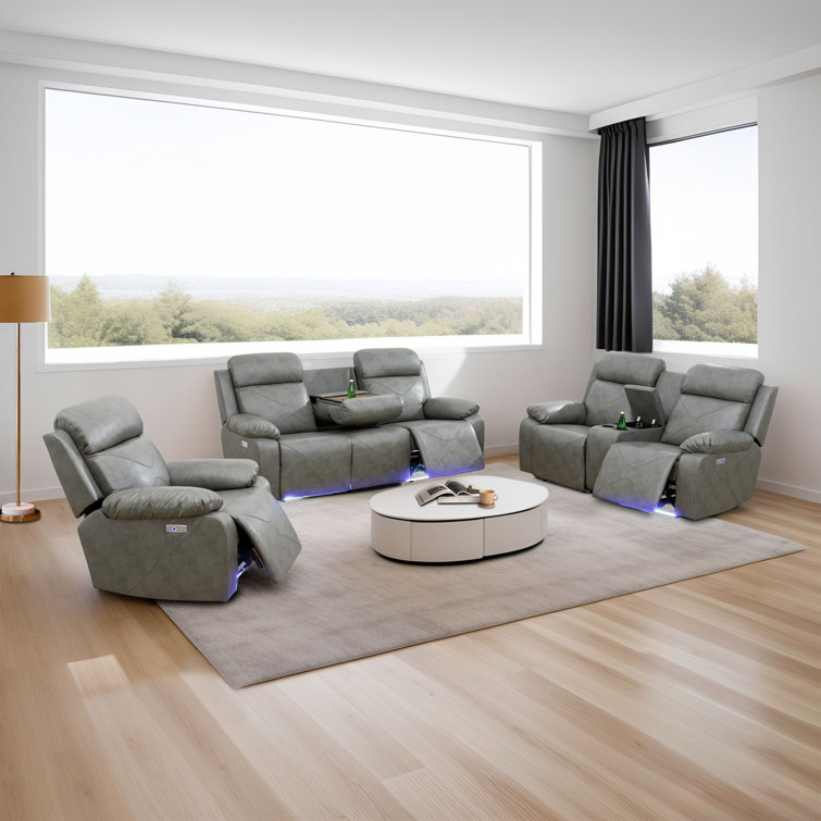 Wrought Studio Mahmudov Gray Breathing Leather 3Piece Couch Living